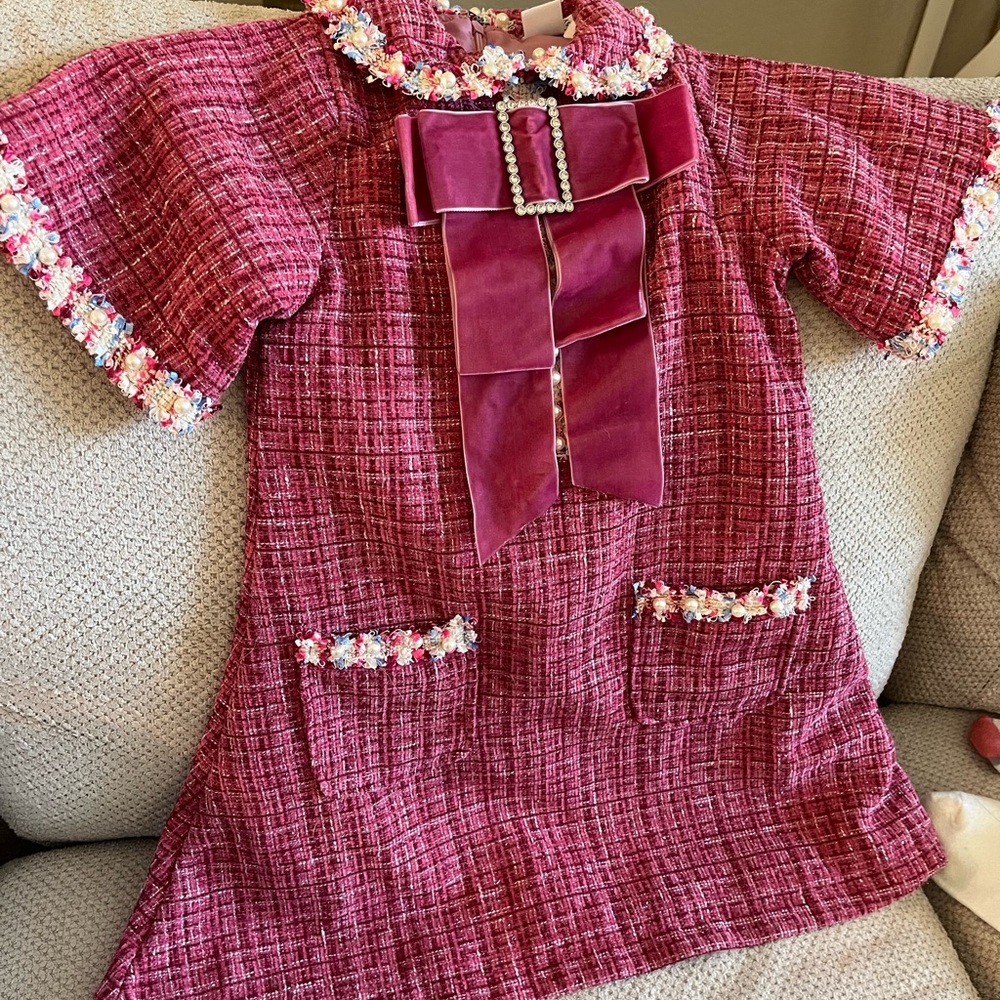 Mia Belle Pink Tweed Dress with Bow